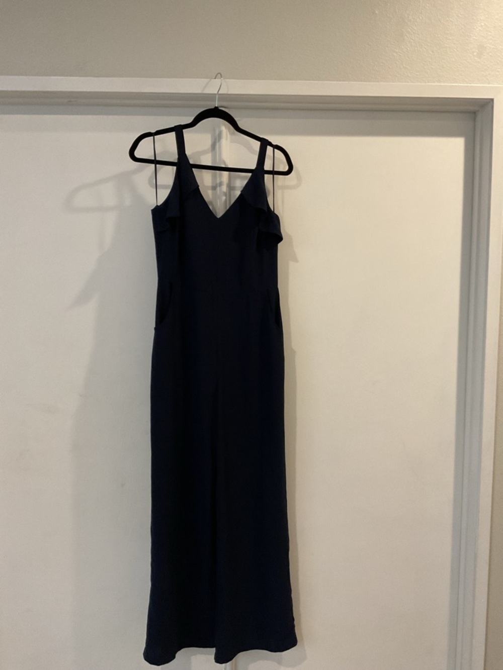 Adelyn Rae Navy Jumpsuit with V-Neck and Ruffle Straps